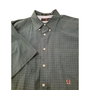 Tommy Hilfiger Men's Green Plaid Short Sleeve Button Up Shirt Golf Crest Logo‎